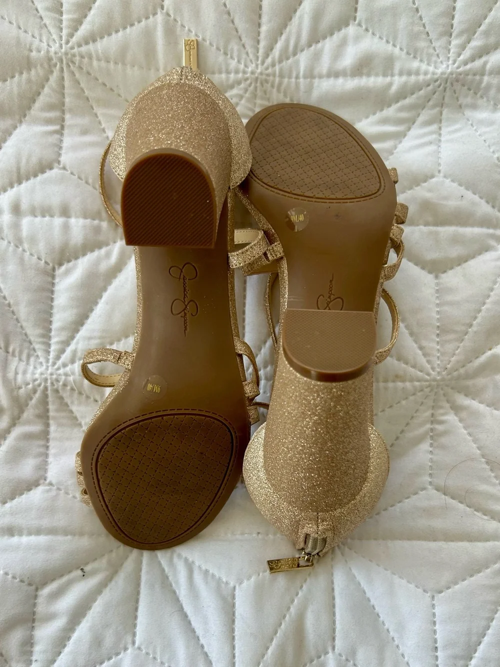 Jessica Simpson Champagne Gold Glitter Strappy Ankle Tie Heels